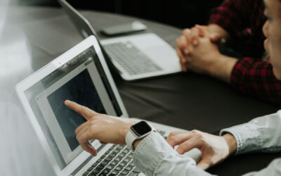 One individual points to a computer screen as another observes