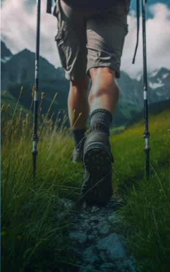 Hiker walks on a trail towards a mountain